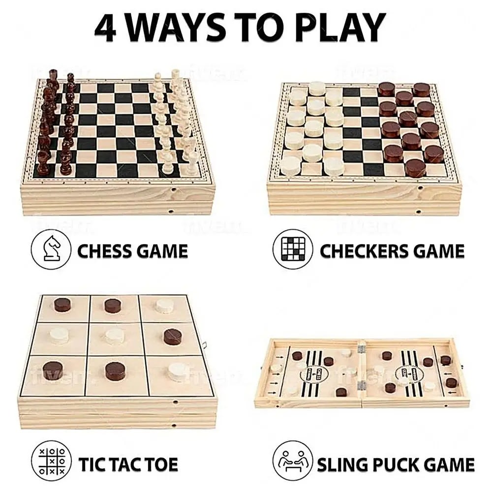 Professional Portable Winner Board Game - Wood Sling Puck Chess Checkers 